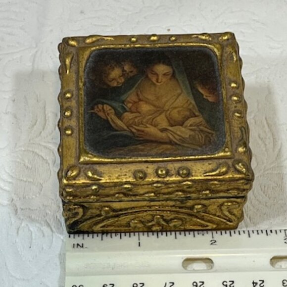 VTG Italian Florentine Mini Wooden Trinket Box Madonna & Child Hinged 2.5" - Picture 12 of 16